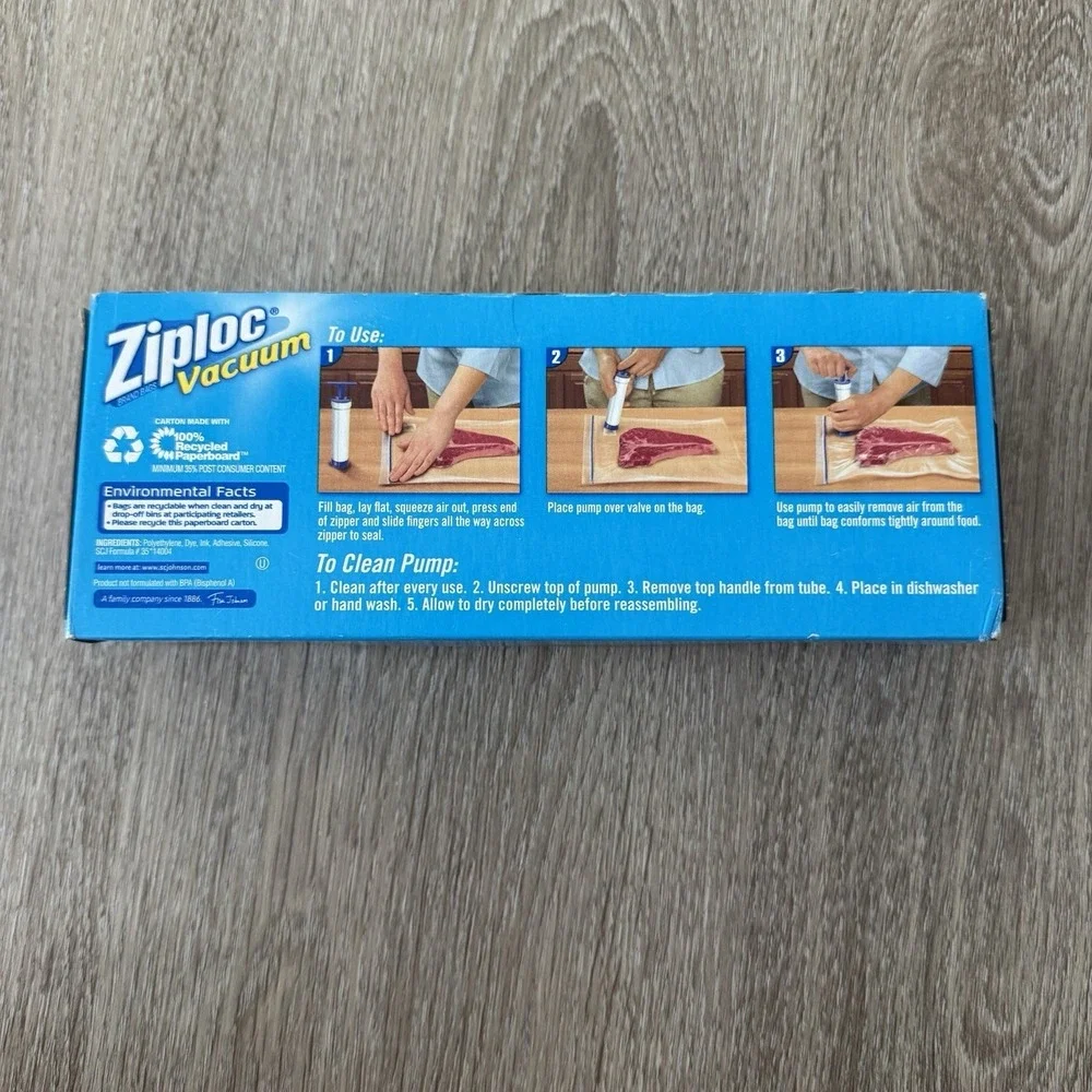 NEW Ziploc Vacuum Starter Kit Hand Pump w/ 3 Quart Freezer Bags DISCONTINUED